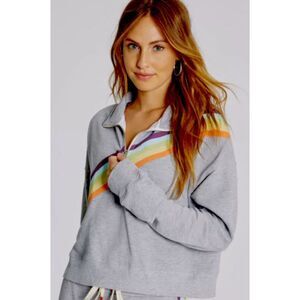 Wildfox Rainbow Pride Gray Half Zip Retro Fit Banded Cuff Cozy Pullover Sweat S